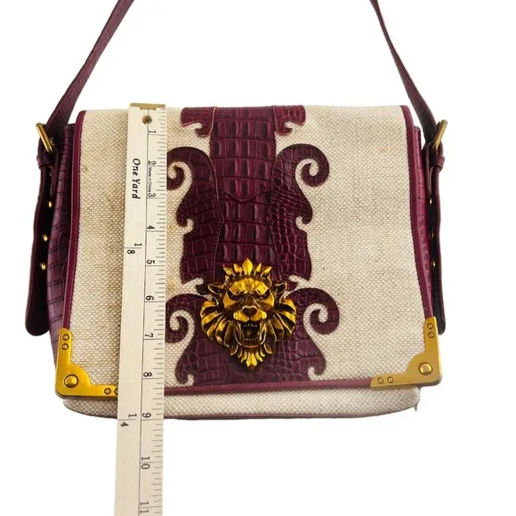 Sharif Canvas & Crocodile Leather Crossbody Bag With Lion Head Accent - Picture 12 of 13